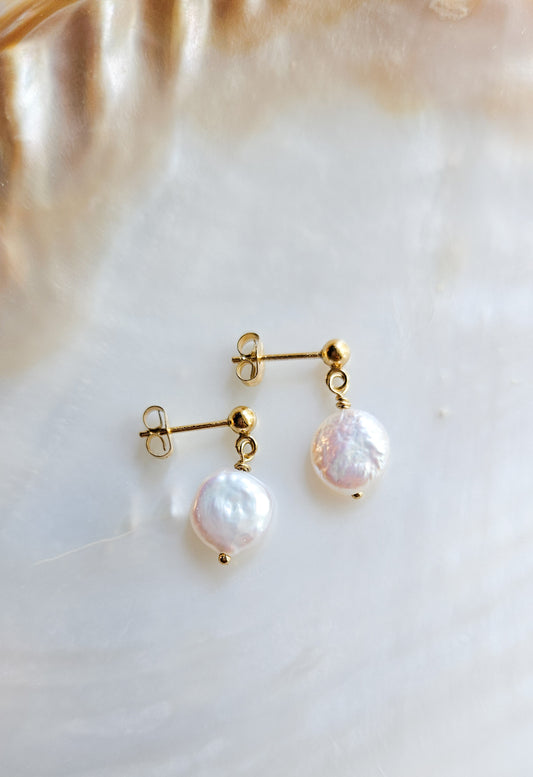 Single Freshwater Coin Pearl Earrings