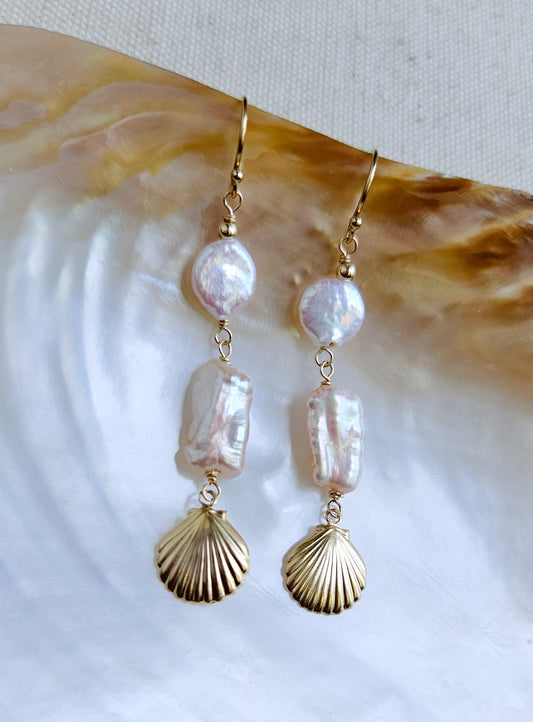 Freshwater Pearl & Scallop Charm Earrings